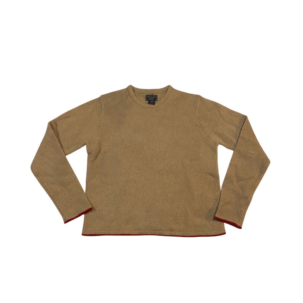 Vintage Abercrombie & Fitch 100% Shetland Wool Sweater Tan Red Hem Large READ